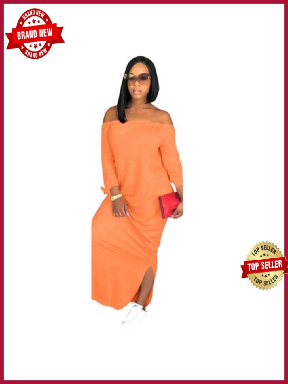 Off Shoulder Long Sleeve Maxi Dress Side Slit Casual Loose Fit
